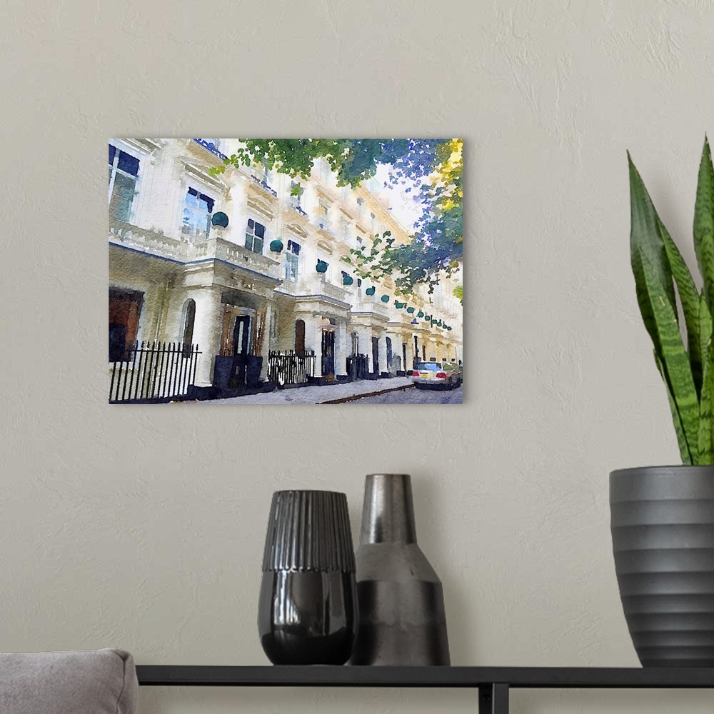 A modern room featuring This watercolor artwork illustrates the architectural brilliance of Paris buildings.