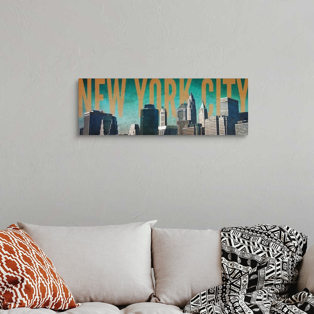 A bohemian room featuring Skyscrapers in New York City with bold golden letters.