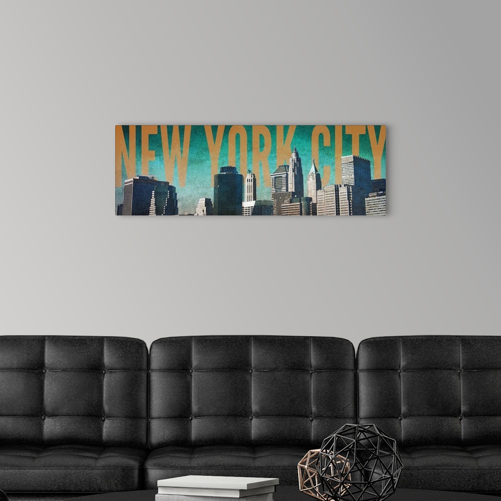 A modern room featuring Skyscrapers in New York City with bold golden letters.