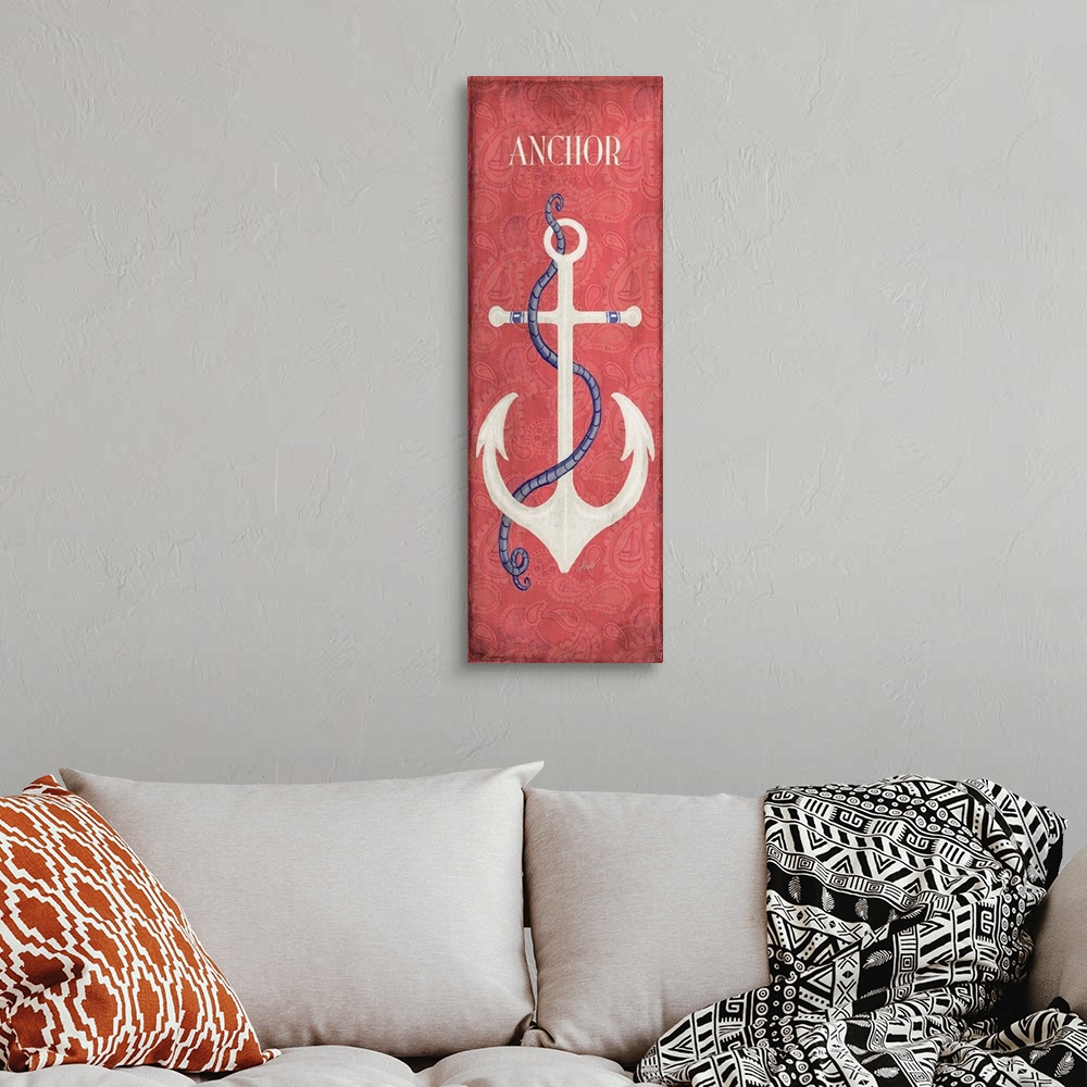 A bohemian room featuring Tall sign with an anchor in the center, the word "Anchor" written at the top, and a red backgroun...