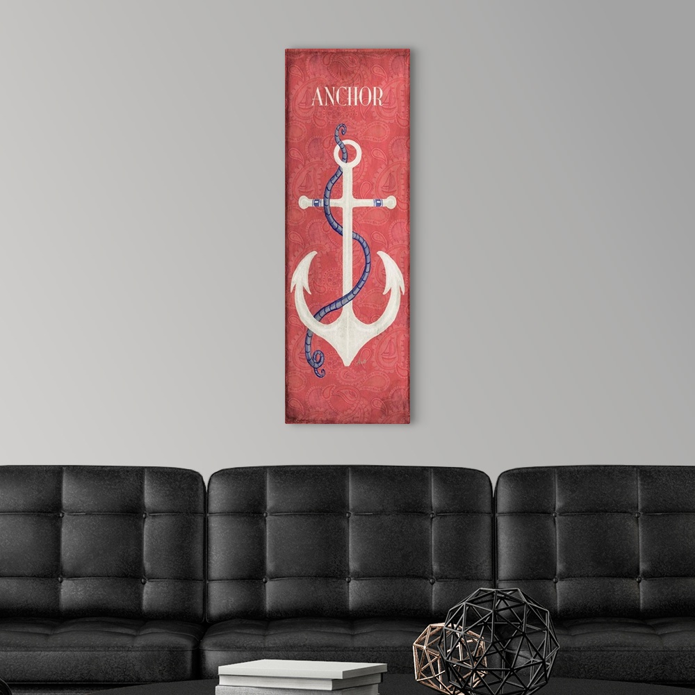 A modern room featuring Tall sign with an anchor in the center, the word "Anchor" written at the top, and a red backgroun...