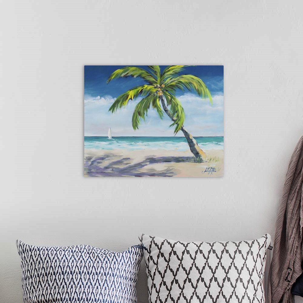 A bohemian room featuring Painting of a relaxing coastal scene with a sandy beach and a big palm tree with a sailboat in th...