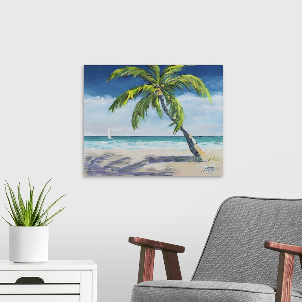 A modern room featuring Painting of a relaxing coastal scene with a sandy beach and a big palm tree with a sailboat in th...