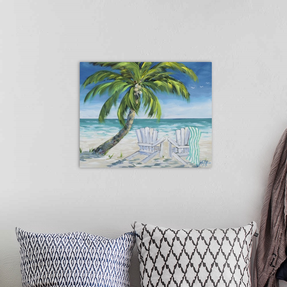 A bohemian room featuring Contemporary painting of a relaxing beach scene with two beach chairs under the shade of a palm t...