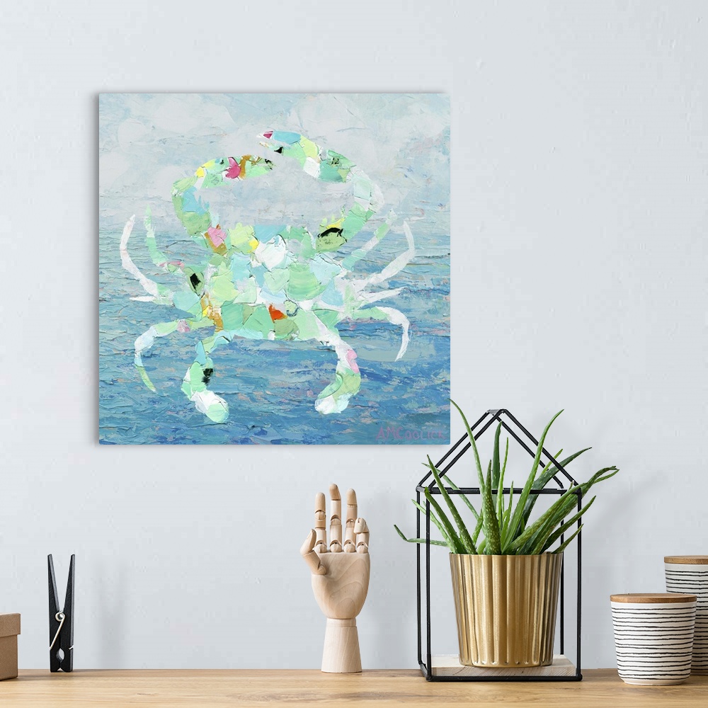 A bohemian room featuring Shape of a crab in mint green and white over a blue ocean.