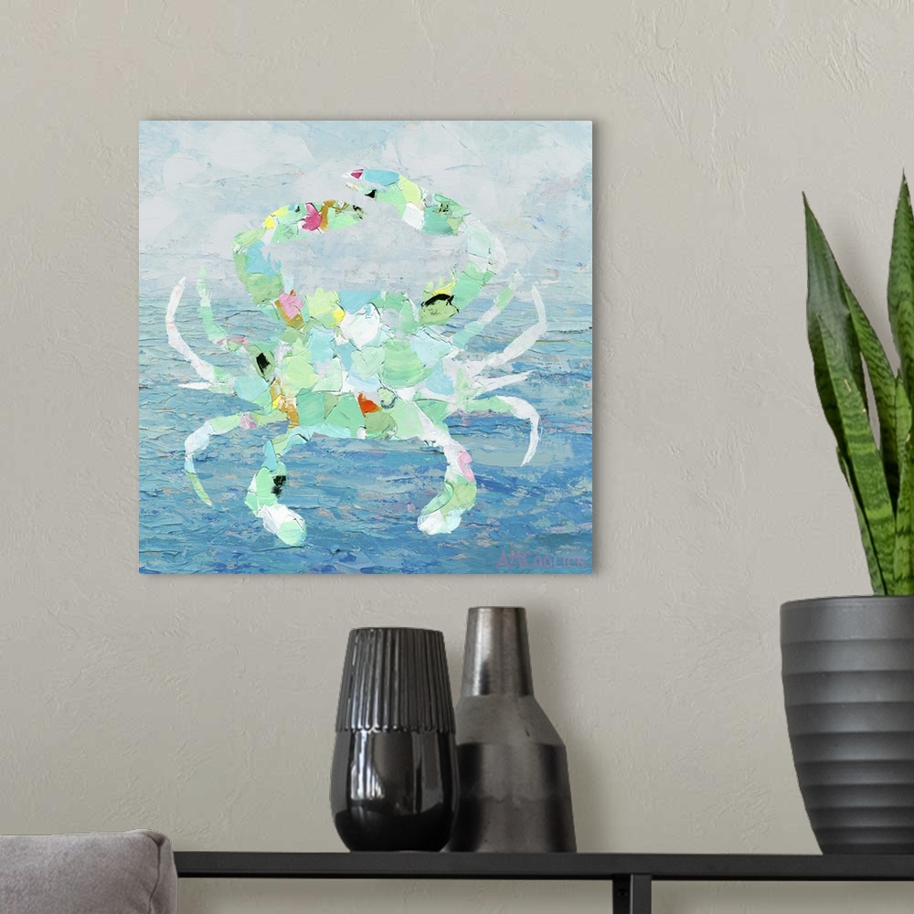A modern room featuring Shape of a crab in mint green and white over a blue ocean.