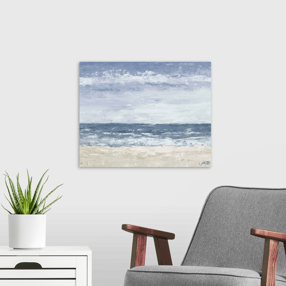 A modern room featuring A contemporary abstract painting of the beach with muted tones.
