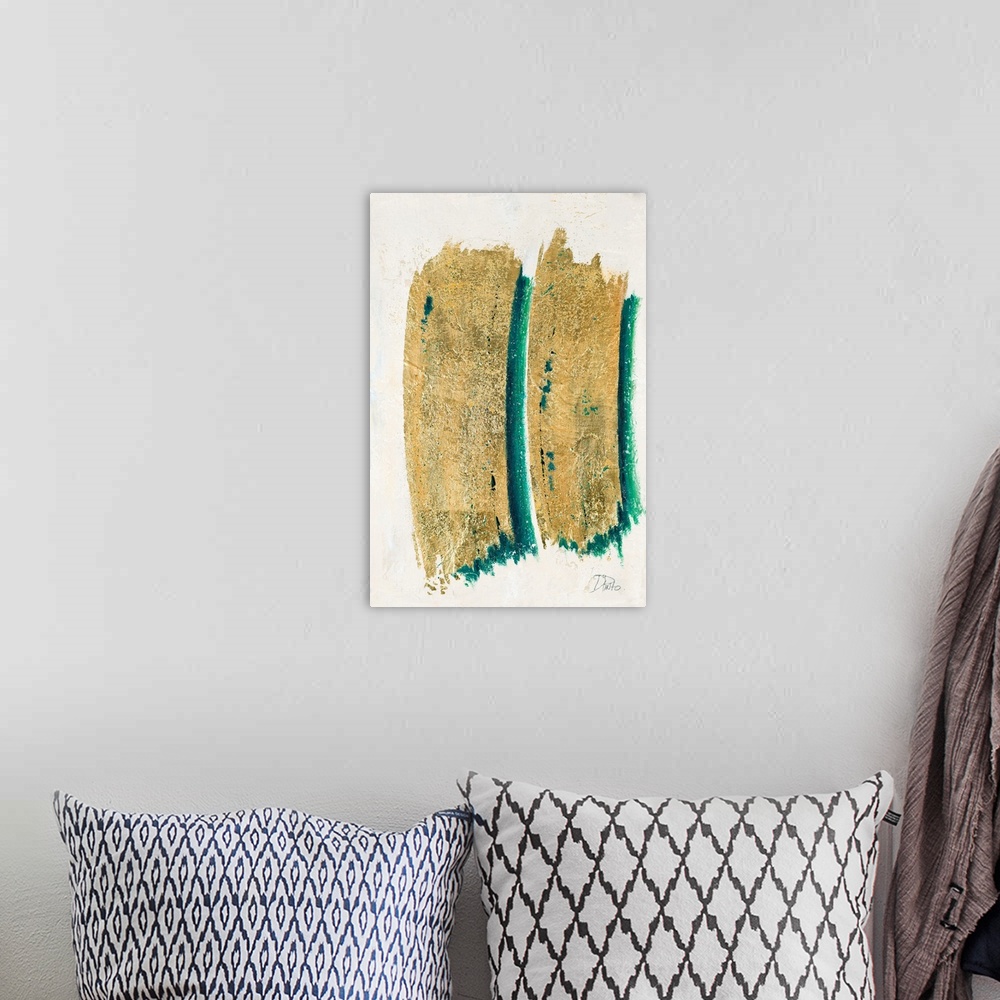 A bohemian room featuring Abstract painting with two thick vertical brushstrokes in metallic gold with a teal underlay.
