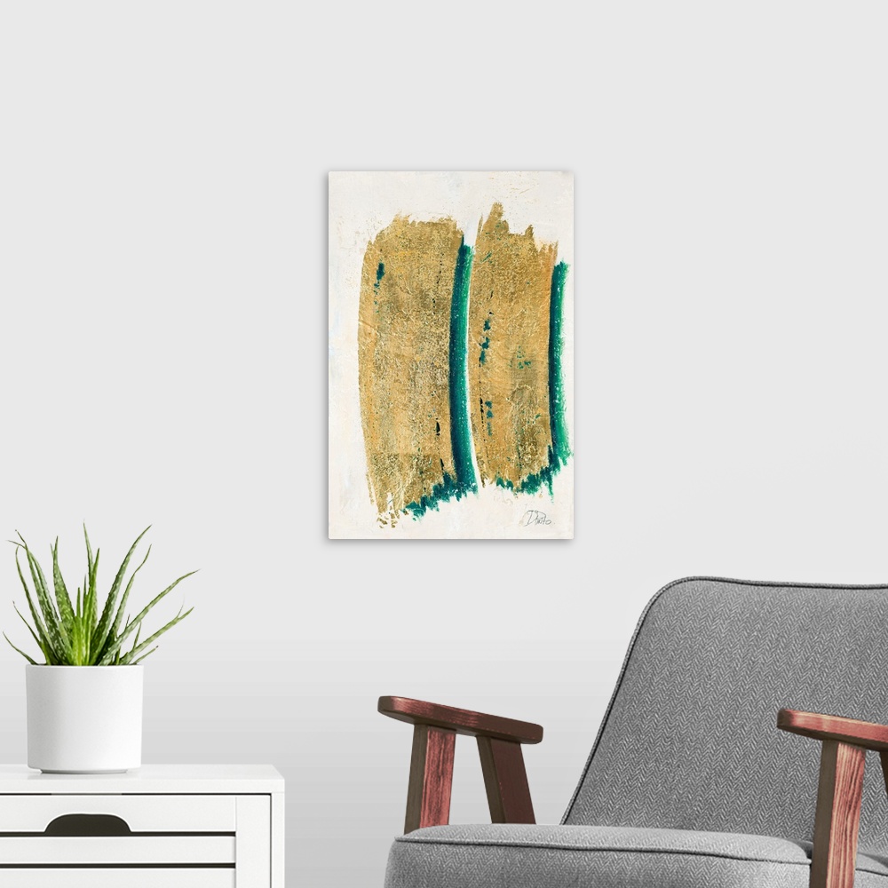 A modern room featuring Abstract painting with two thick vertical brushstrokes in metallic gold with a teal underlay.