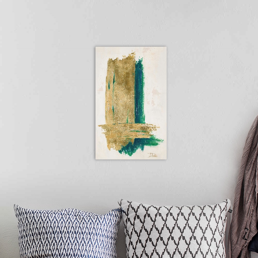 A bohemian room featuring Abstract painting with two brushstrokes creating an "L" shape in metallic gold with a teal underlay.