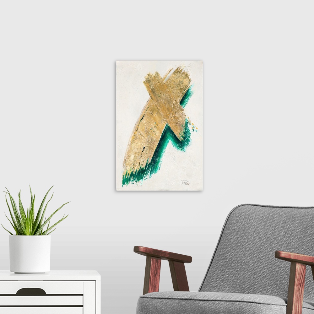 A modern room featuring Abstract painting with two brushstrokes creating an "X" shape in metallic gold with a teal underlay.