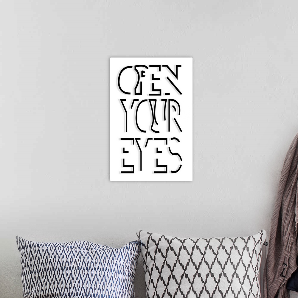 A bohemian room featuring "Open Your Eyes" word illusion.