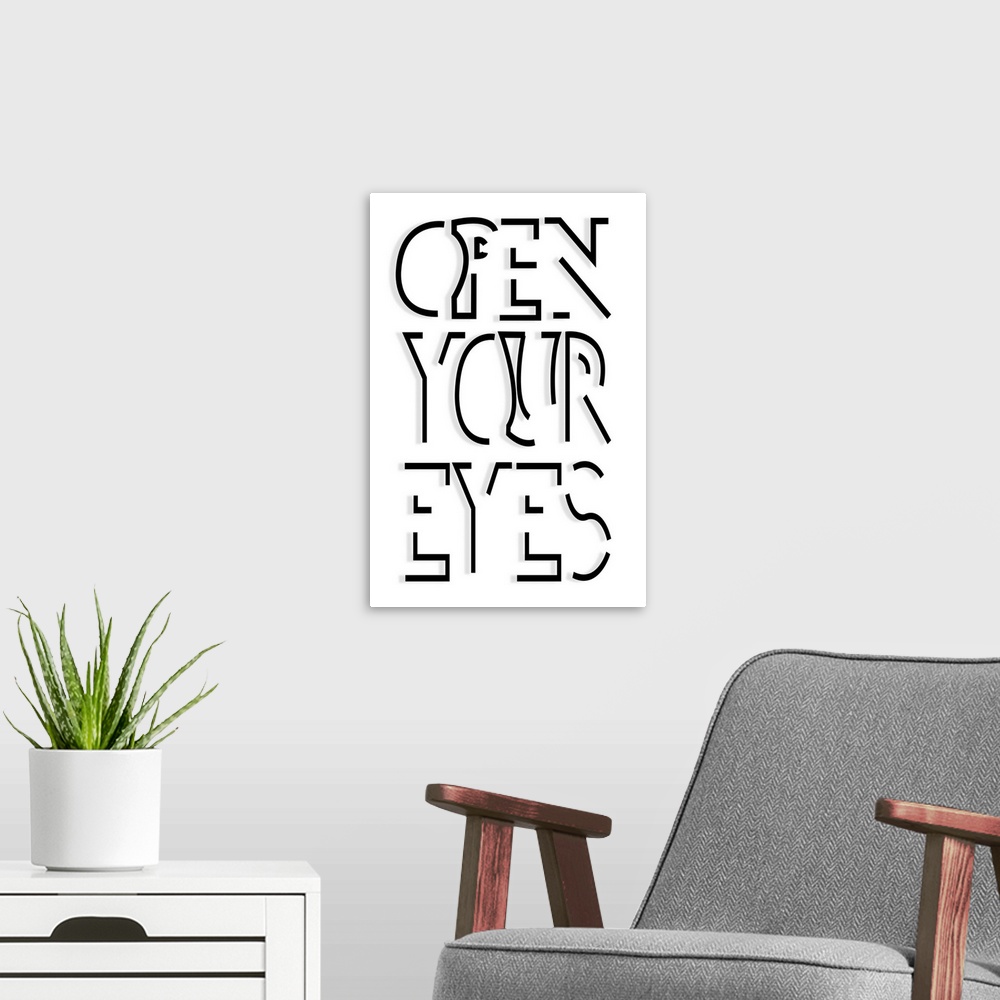 A modern room featuring "Open Your Eyes" word illusion.