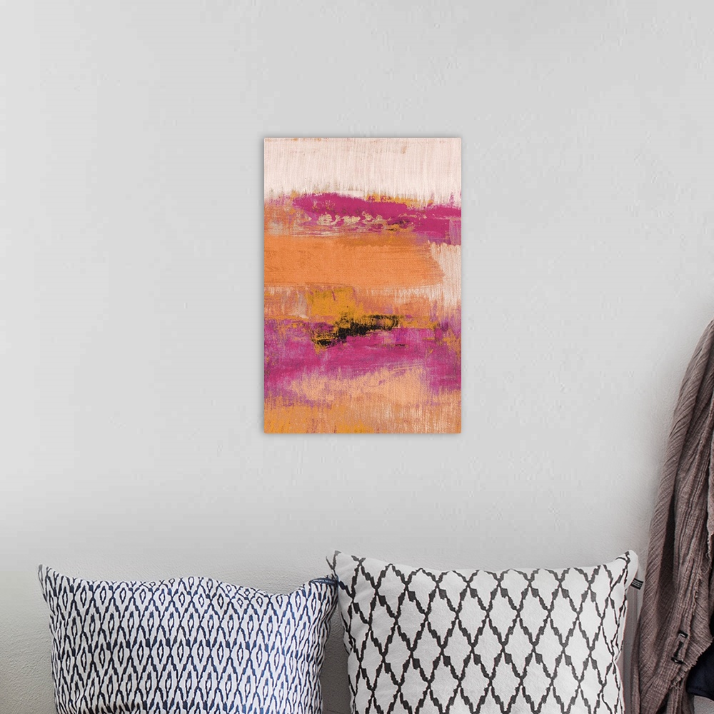 A bohemian room featuring Abstract contemporary painting in shades of pink and orange.