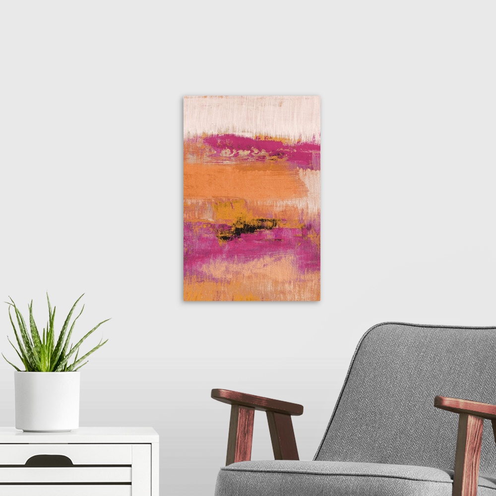 A modern room featuring Abstract contemporary painting in shades of pink and orange.