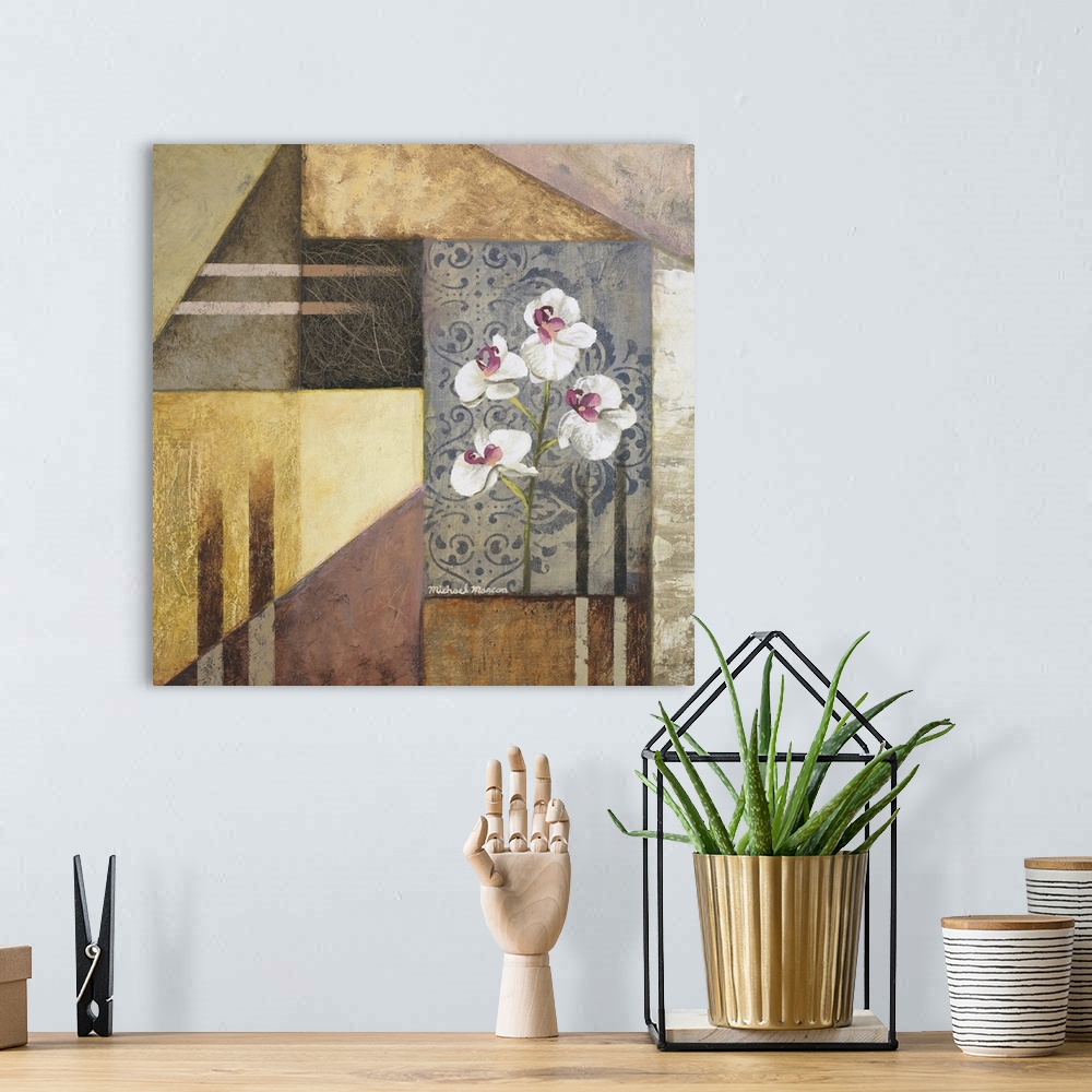 A bohemian room featuring Square painting on canvas of flowers and different shapes together on canvas.