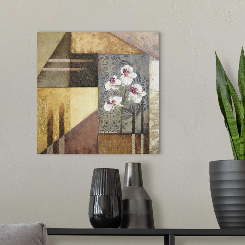 A modern room featuring Square painting on canvas of flowers and different shapes together on canvas.