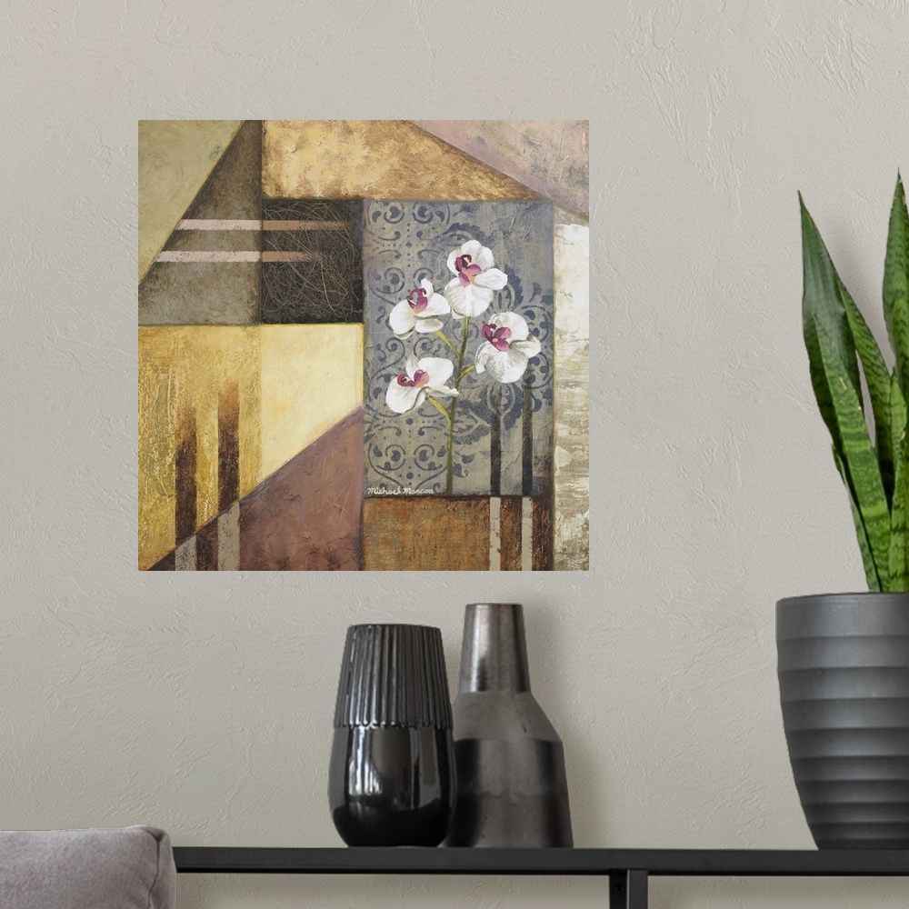 A modern room featuring Square painting on canvas of flowers and different shapes together on canvas.