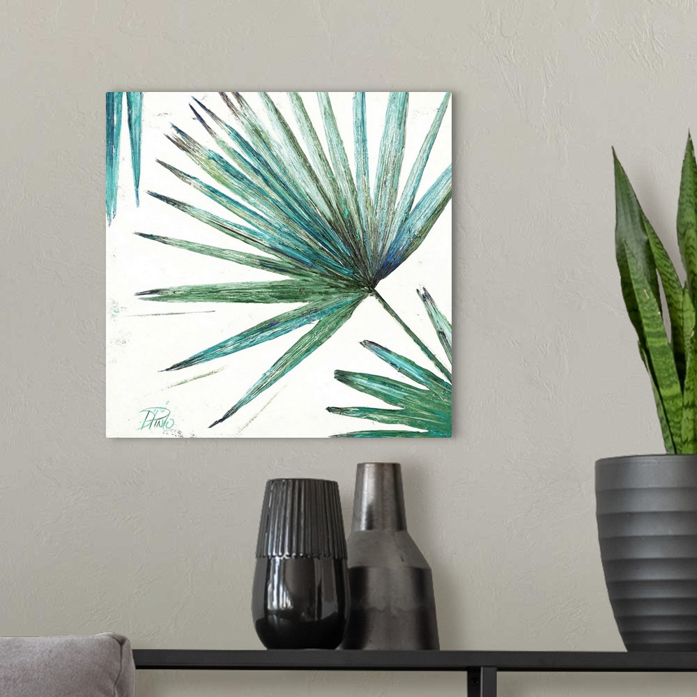 A modern room featuring Decorative painting of a large leafy palm frond.