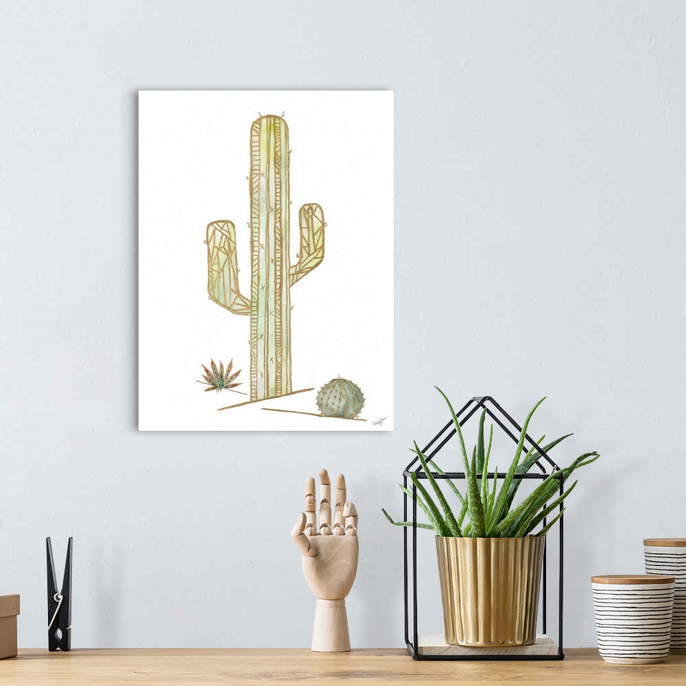 A bohemian room featuring Watercolor painting of cacti created with metallic gold outlines and geometric shapes.