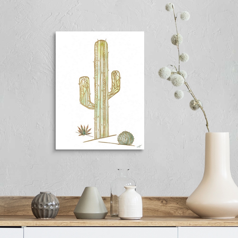 A farmhouse room featuring Watercolor painting of cacti created with metallic gold outlines and geometric shapes.