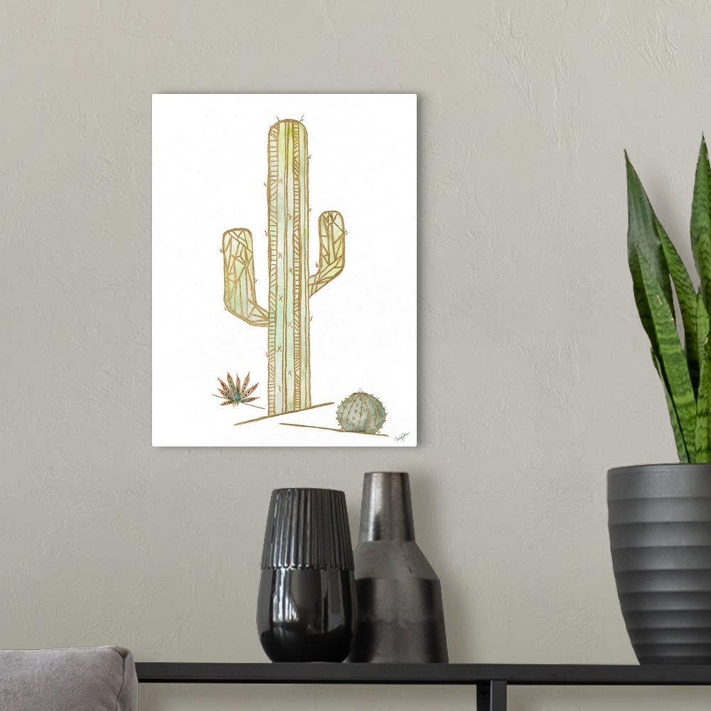 A modern room featuring Watercolor painting of cacti created with metallic gold outlines and geometric shapes.