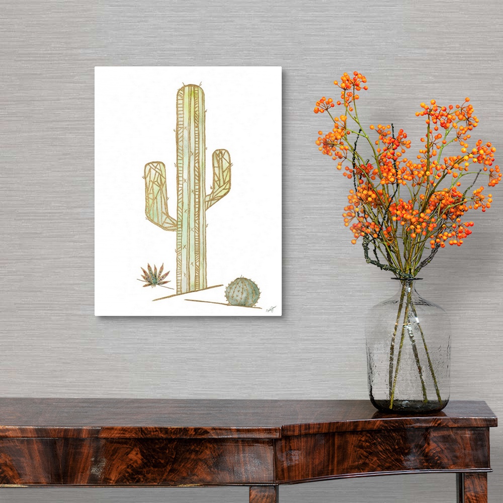 A traditional room featuring Watercolor painting of cacti created with metallic gold outlines and geometric shapes.
