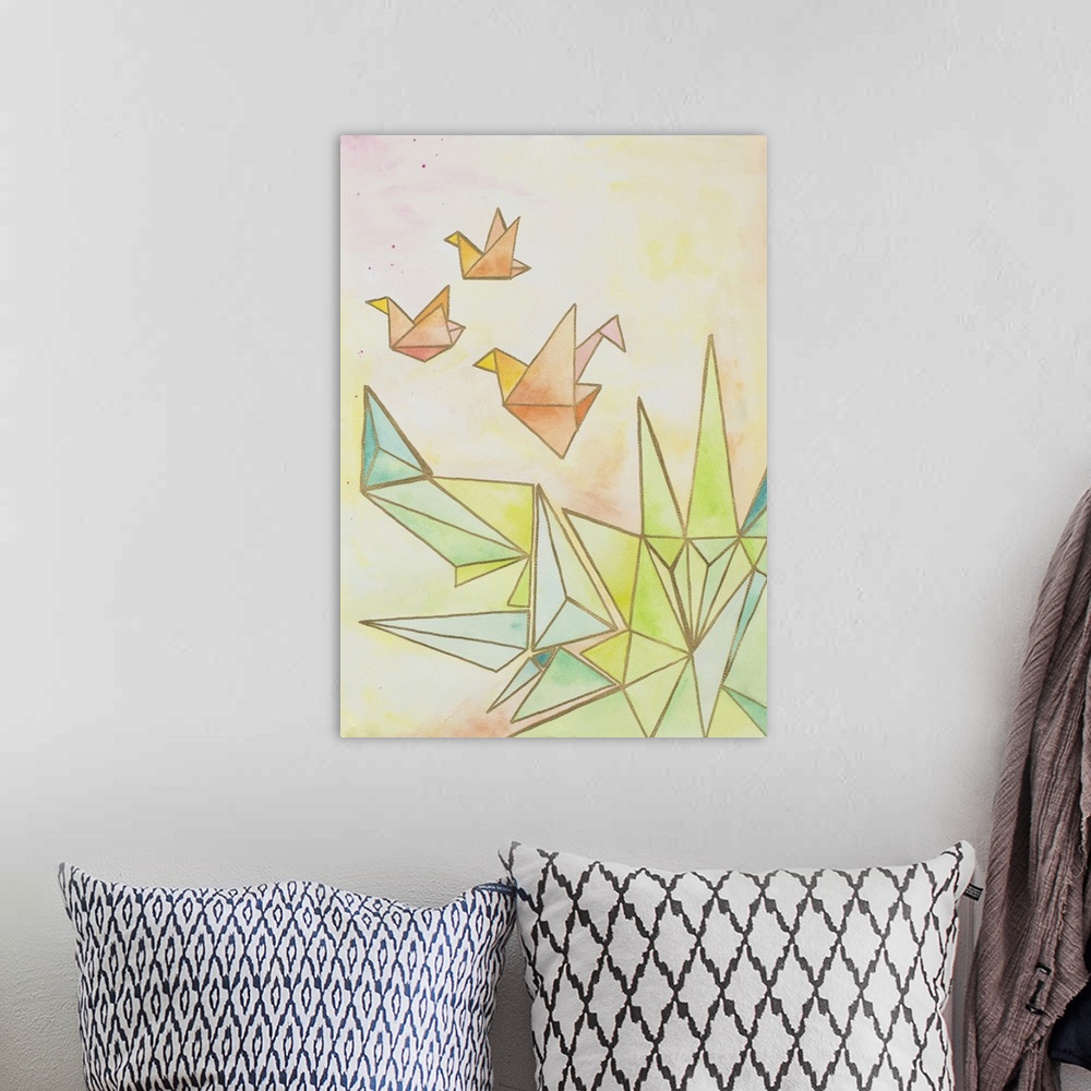 A bohemian room featuring Watercolor painting of cranes created with metallic gold geometric shapes to resemble origami.