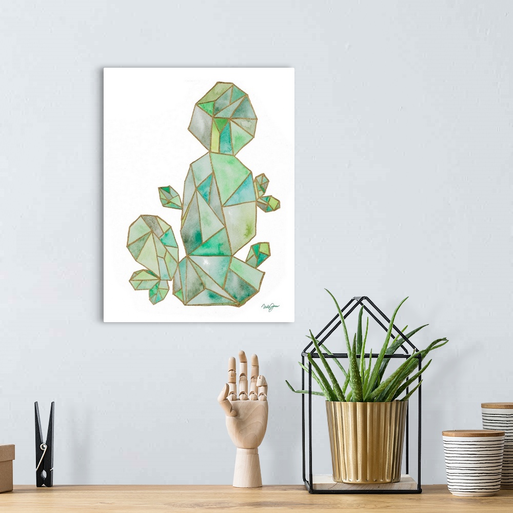 A bohemian room featuring Watercolor painting of a cactus created with metallic gold geometric shapes.