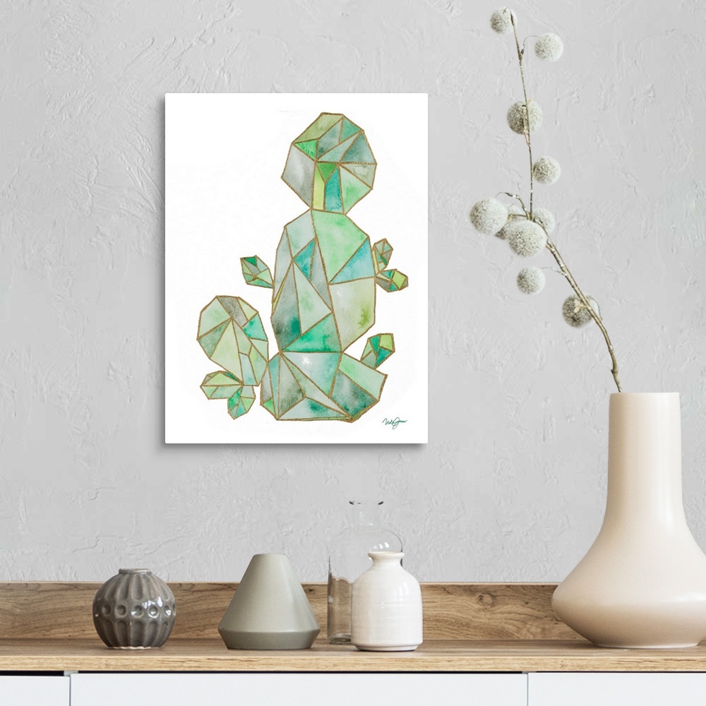 A farmhouse room featuring Watercolor painting of a cactus created with metallic gold geometric shapes.