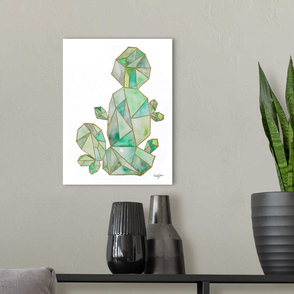 A modern room featuring Watercolor painting of a cactus created with metallic gold geometric shapes.