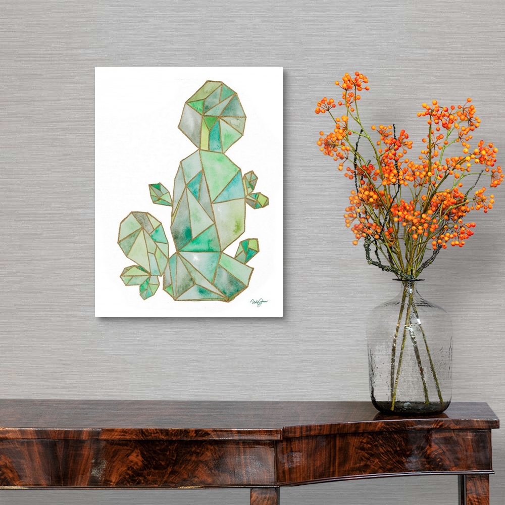 A traditional room featuring Watercolor painting of a cactus created with metallic gold geometric shapes.