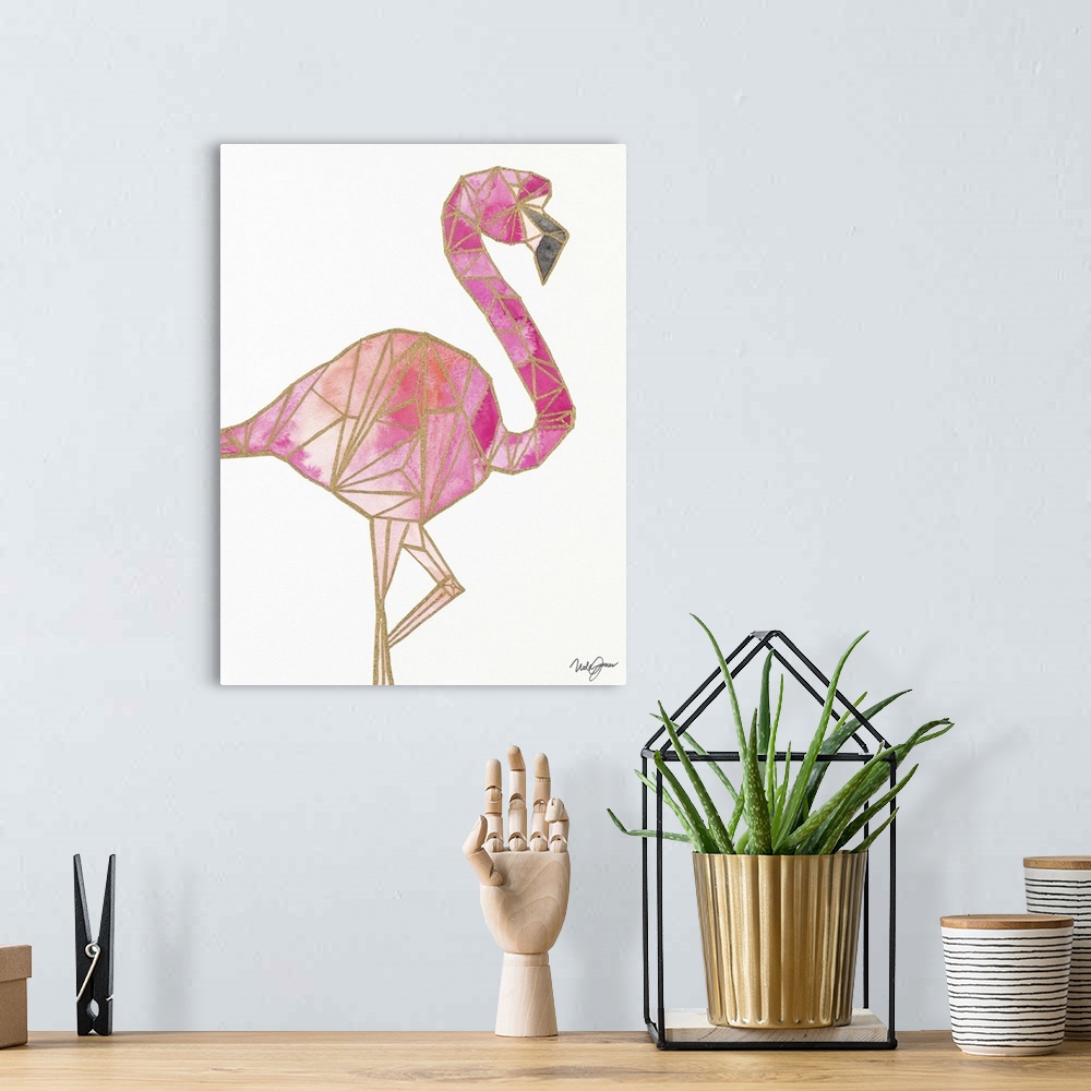 A bohemian room featuring Pink flamingo with golden outlines, making it look geometric.