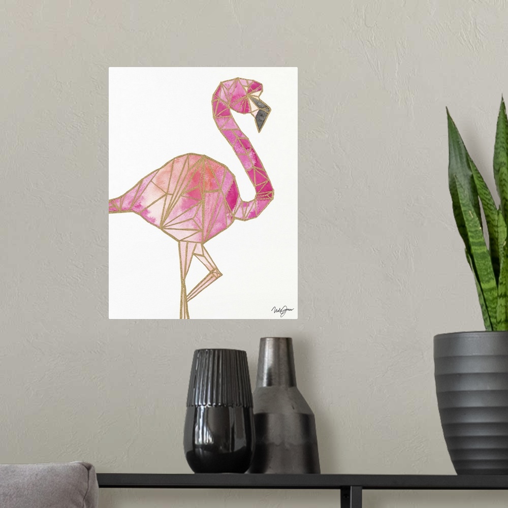 A modern room featuring Pink flamingo with golden outlines, making it look geometric.