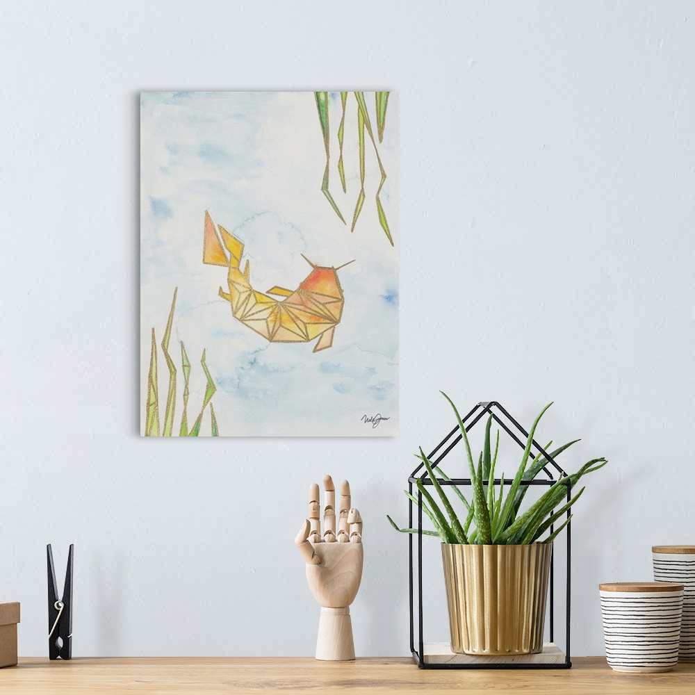 A bohemian room featuring Watercolor painting of an orange and yellow koi fish underwater created with metallic gold geomet...