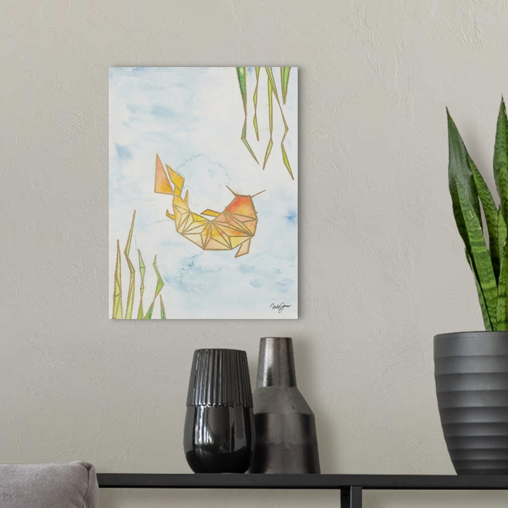 A modern room featuring Watercolor painting of an orange and yellow koi fish underwater created with metallic gold geomet...