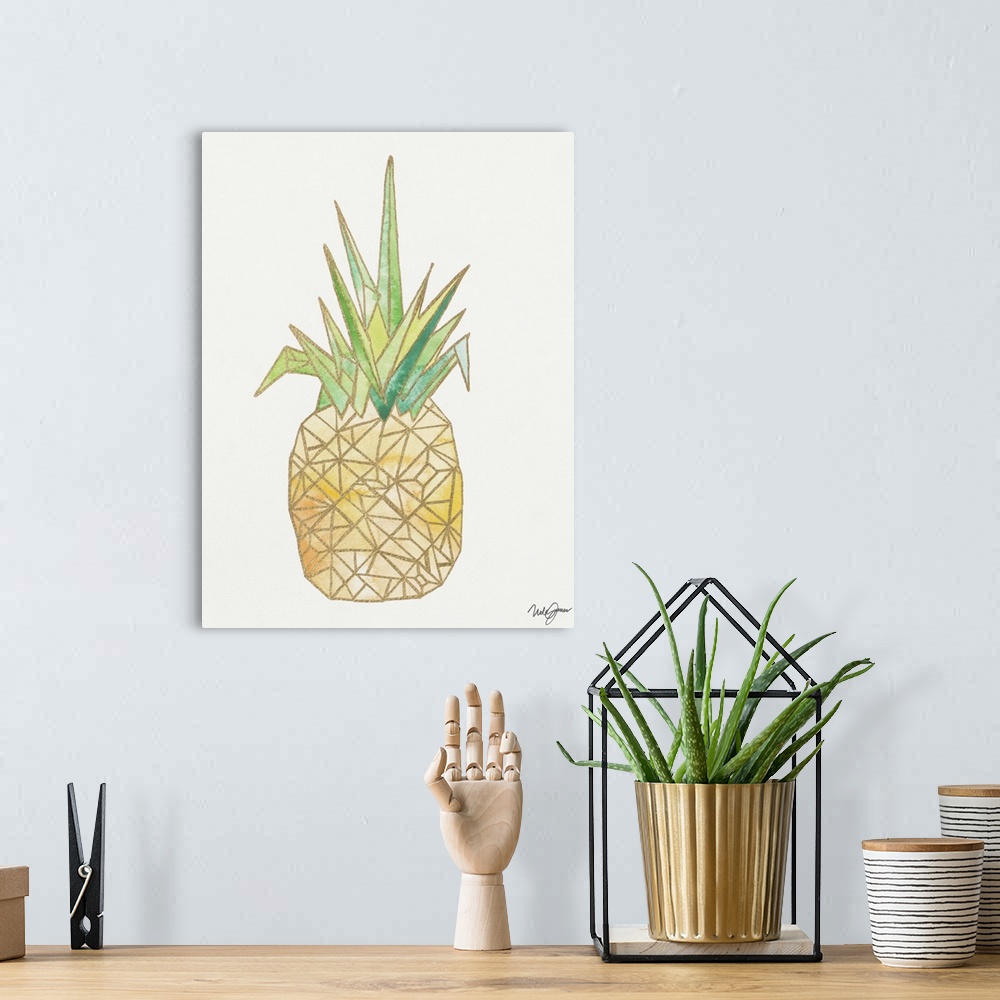 A bohemian room featuring A pineapple with golden outlines, making it look geometric.