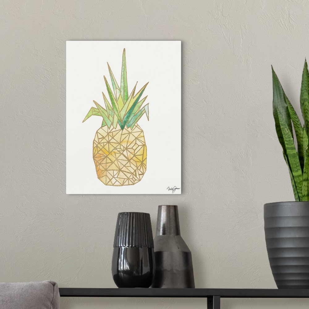 A modern room featuring A pineapple with golden outlines, making it look geometric.