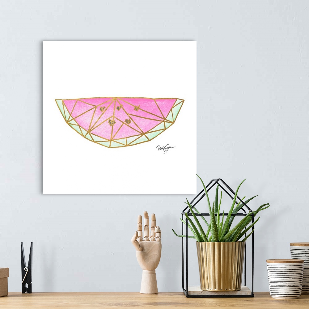 A bohemian room featuring Square watercolor painting of a slice of watermelon made with metallic gold geometric shapes on a...