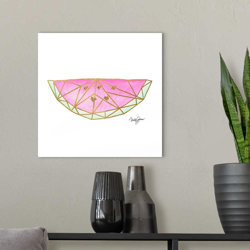 A modern room featuring Square watercolor painting of a slice of watermelon made with metallic gold geometric shapes on a...