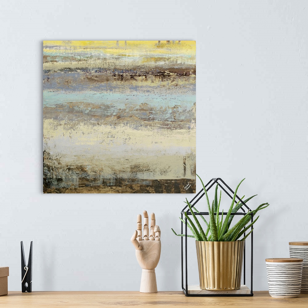 A bohemian room featuring Abstract artwork featuring striations of color with horizontal brush strokes and distressing text...