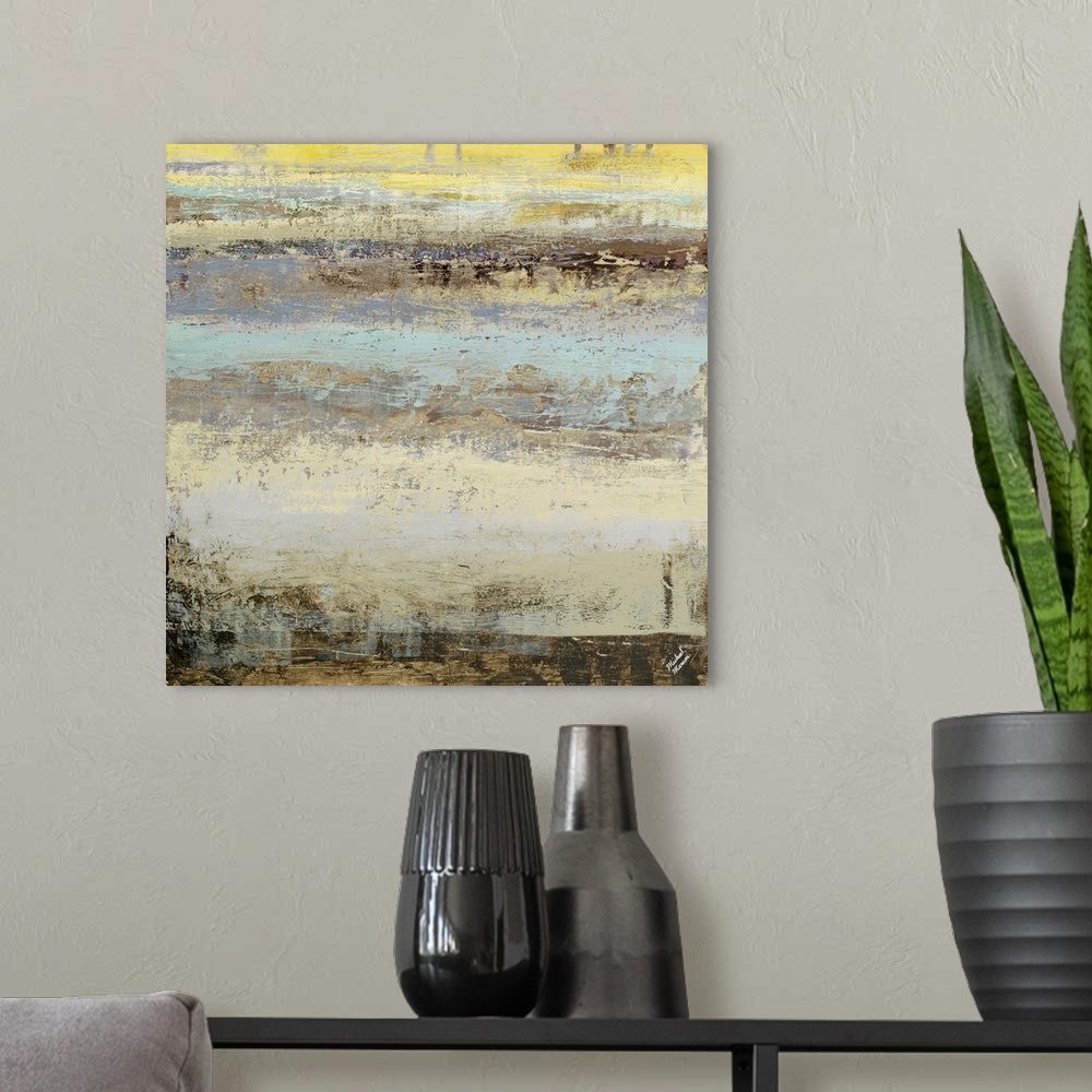 A modern room featuring Abstract artwork featuring striations of color with horizontal brush strokes and distressing text...