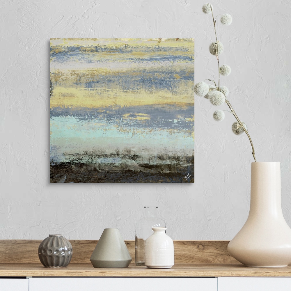 A farmhouse room featuring Abstract artwork featuring striations of color with horizontal brush strokes and distressing text...