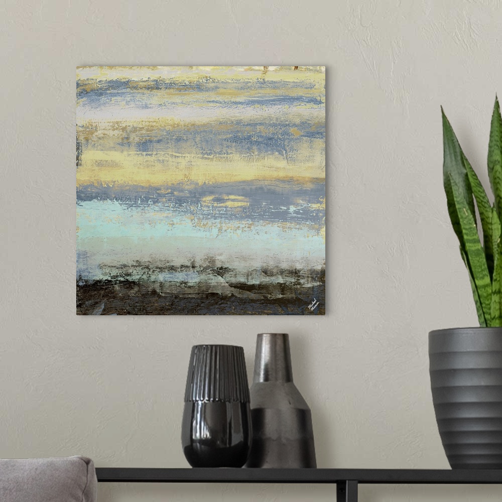 A modern room featuring Abstract artwork featuring striations of color with horizontal brush strokes and distressing text...