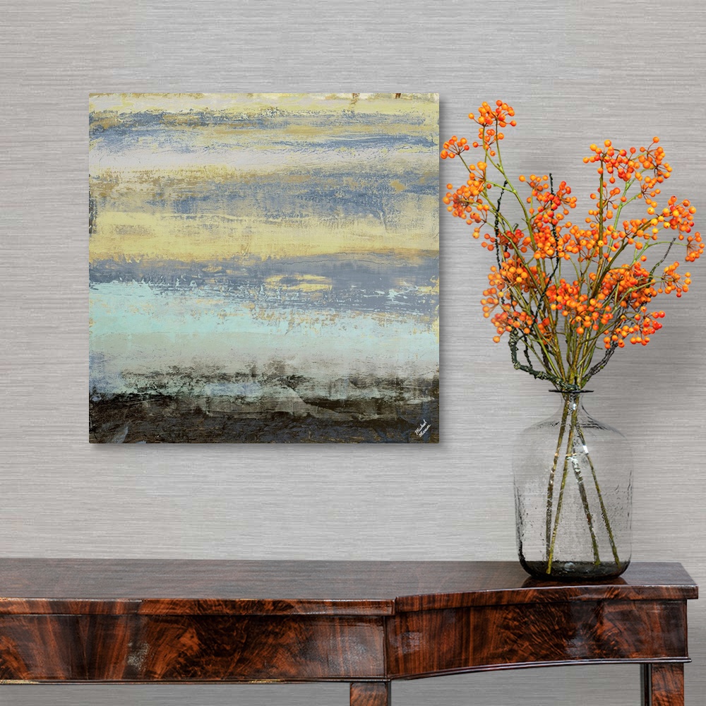 A traditional room featuring Abstract artwork featuring striations of color with horizontal brush strokes and distressing text...