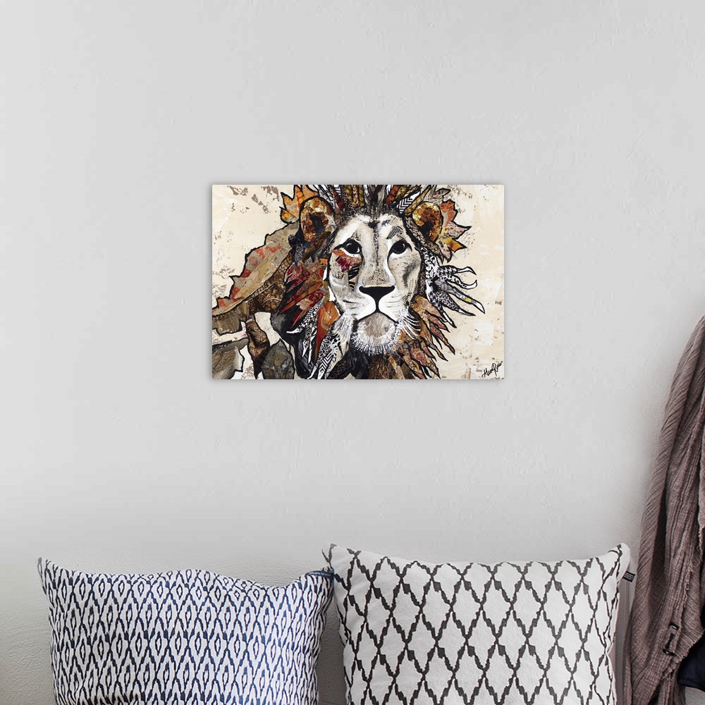 A bohemian room featuring Painting of a watchful lion with patterned elements in his mane.