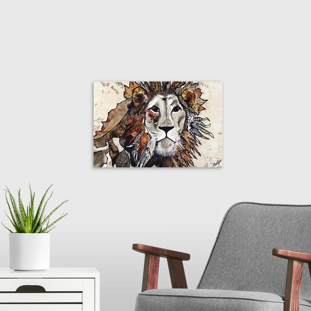 A modern room featuring Painting of a watchful lion with patterned elements in his mane.