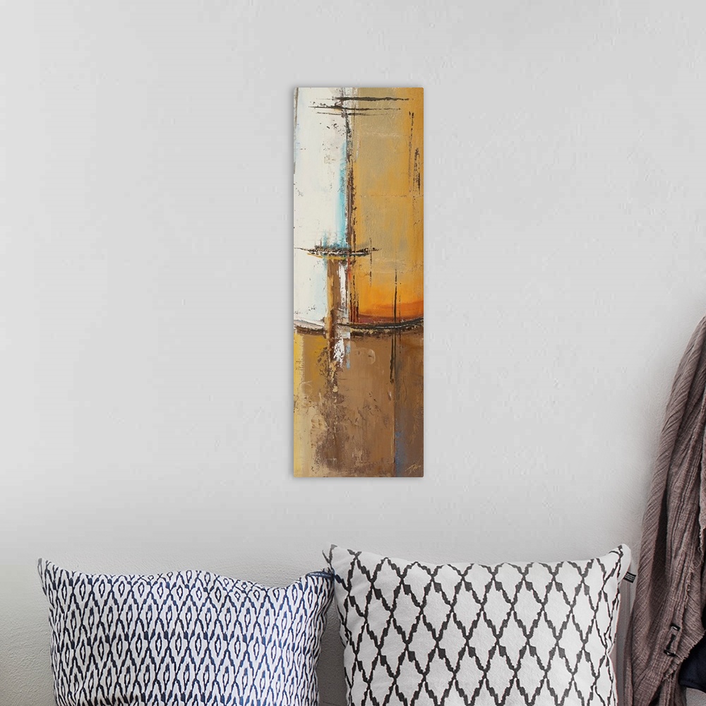 A bohemian room featuring Tall and narrow canvas with abstract colors patched together with grungy markings on top.