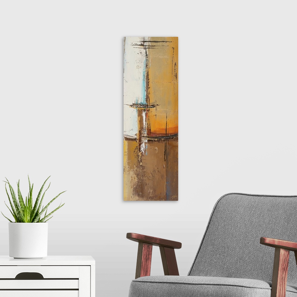A modern room featuring Tall and narrow canvas with abstract colors patched together with grungy markings on top.