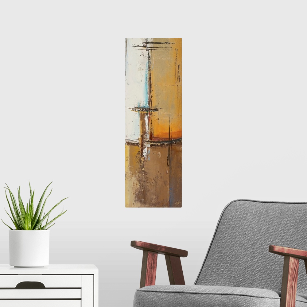 A modern room featuring Tall and narrow canvas with abstract colors patched together with grungy markings on top.
